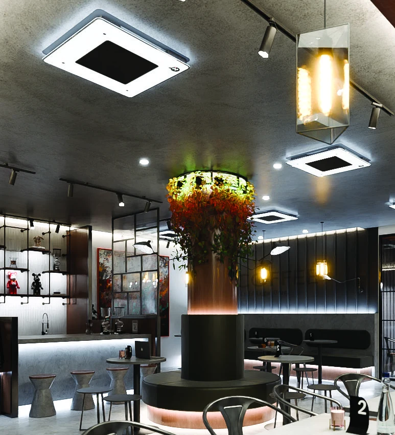 Cassette idroniche Black Box con pannello Coanda integrate nel soffitto di un locale